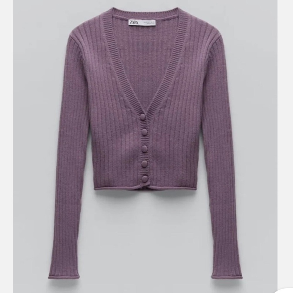 Zara ribbed knit cropped cardigan sweater in purple mauve wool blend
